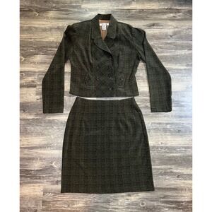 Vintage Y2K Olive Plaid Women's Skirt Suit Cropped Blazer Pencil Skirt Size 6
